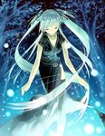  closed_eyes dress forest green_hair mabinogi magic nao_(mabinogi) nature night solo sparkle ueda_ryou 