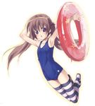  brown_hair innertube minamino_kanata one-piece_swimsuit original purple_eyes school_swimsuit solo striped striped_legwear swimsuit thighhighs twintails 