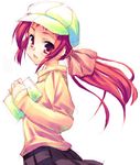  cabbie_hat hat hoshizaki_hikaru long_hair long_sleeves looking_at_viewer lowres onda_aka profile rec red_eyes red_hair simple_background solo white_background 