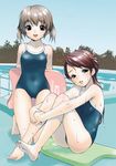  barefoot brown_eyes brown_hair feet green_eyes inuburo kickboard leg_hug long_hair multiple_girls one-piece_swimsuit original pool school_swimsuit short_hair sitting swimsuit twintails wet 