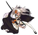  aqua_eyes battoujutsu_stance capelet fighting_stance high_heels long_sleeves looking_at_viewer maid maid_headdress one_knee original ready_to_draw ribbon sakamoto_mineji simple_background solo sword thighhighs weapon white_background white_hair white_legwear 