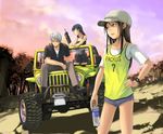  2girls bare_shoulders black_hair bottle brown_hair cabbie_hat car clothes_writing denim denim_shorts dress drink glasses green_eyes ground_vehicle hat jeep jersey long_hair motor_vehicle multiple_girls original radio shorts watch wristwatch yoneda_taishou 