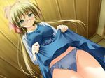  black_panties blonde_hair blue_dress bow bow_panties dress dress_lift game_cg glasses green_eyes hair_bow koimomo long_hair long_sleeves nishiki_ayaka panties solo underwear yamino_kenji 