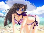  all_fours ascot ass beach bikini blue_eyes brown_hair cloud copyright_request day glasses hat m-rs miss_surfersparadise outdoors ribbon side-tie_bikini solo straw_hat striped striped_bikini sun_hat swimsuit 