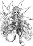  :d amamizu_(myofuu_kai) blush bow dress eyebrows eyebrows_visible_through_hair feet full_body greyscale grin hat hat_bow lily_black lily_white long_hair long_sleeves monochrome open_mouth shoes simple_background smile solo teeth touhou v-shaped_eyebrows very_long_hair white_background 