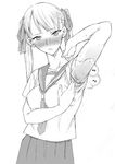  armpits blush greyscale miharu_(ttt) monochrome original school_uniform solo sweat twintails 