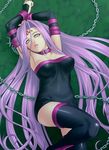  armpits arms_up black_legwear chain collar dress fate/stay_night fate_(series) lips long_hair looking_at_viewer nameless_dagger parted_lips purple_hair rider solo strapless strapless_dress thighhighs very_long_hair zen 