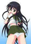  ass back black_hair blush brown_eyes from_behind gahiro long_hair looking_back miniskirt panties school_uniform serafuku shakugan_no_shana shana skirt solo standing underwear very_long_hair white_panties 