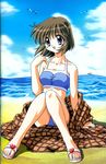  :d beach bikini black_hair blue_eyes brown_hair cloud day feet happy kanon misaka_shiori ocean official_art oonishi_youichi open_mouth outdoors sand sandals scan short_hair sitting sky smile solo swimsuit tankini toes water wind 