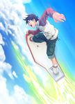  belt black_hair cargo_pants chiba_toshirou cloud day eureka_seven eureka_seven_(series) liftboard long_sleeves male_focus pants pants_rolled_up raglan_sleeves renton_thurston sky solo 