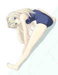  barefoot blonde_hair blue_eyes dutch_angle full_body kusugawa_sasara long_hair masakichi_(crossroad) one-piece_swimsuit school_swimsuit sitting solo stretch swimsuit to_heart_2 