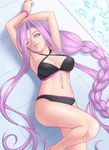  armpits arms_up bikini black_bikini bracelet braid breasts fate/stay_night fate_(series) jewelry large_breasts light_smile long_hair looking_at_viewer lying navel on_back one_eye_closed pool poolside purple_hair rider solo swimsuit very_long_hair zen 