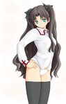  black_hair black_legwear blouse blush fate/stay_night fate_(series) green_eyes hair_ribbon hand_on_hip long_hair long_sleeves no_pants panties ribbon ryp solo standing thighhighs toosaka_rin two_side_up underwear very_long_hair white_panties 