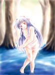  animal_ears bangs blue_hair bunny_ears dress full_body jewelry long_hair nabe_(violetwave) necklace red_eyes reisen_udongein_inaba solo standing strap_slip thighhighs touhou tree very_long_hair wading water wet wet_clothes wringing_clothes 