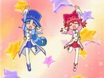  =_= animated animated_gif arms_up blush boots closed_eyes dancing fine fushigiboshi_no_futago_hime happy hat leg_lift long_hair lowres multiple_girls pantyhose ponytail red_skirt rein short_hair skirt star starry_background top_hat twintails very_long_hair white_legwear 