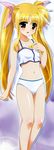  bardiche blonde_hair blue_bra blue_panties blush bra breasts camisole child fate_testarossa hair_ribbon highres lace lace-trimmed_bra lingerie long_hair lyrical_nanoha mahou_shoujo_lyrical_nanoha mahou_shoujo_lyrical_nanoha_a's megami official_art okuda_yasuhiro panties red_eyes ribbon small_breasts solo standing stomach third-party_edit twintails underwear underwear_only very_long_hair 