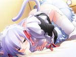  all_fours animal_ears bed blue_hair bra breasts cat_ears crotch_rub frilled_pillow frills game_cg garter_belt gayarou kotonomiya_yuki lace lace-trimmed_thighhighs lingerie maid masturbation medium_breasts mouth_hold no_panties pillow pillow_sex solo suigetsu thighhighs third-party_edit underwear white_legwear 