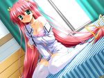  asaba_yuu bed blush colorful_box game_cg long_hair morizuki_minamo red_hair ribbon school_uniform shy solo thighhighs undressing 
