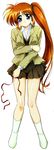  absurdres blazer blue_eyes brown_hair dakimakura full_body green_legwear highres jacket long_sleeves lyrical_nanoha mahou_shoujo_lyrical_nanoha mahou_shoujo_lyrical_nanoha_a's megami okuda_yasuhiro pleated_skirt scan school_uniform seishou_middle_school_uniform side_ponytail skirt smile socks solo takamachi_nanoha 