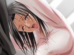  akane_yumiko black_hair breasts close-up closed_eyes crying from_below game_cg large_breasts lipstick long_hair long_sleeves looking_down makeup meshimase_idol open_mouth shadow_(artist) solo tears 