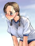  bangs bent_over blue_eyes blush braid breast_squeeze breasts breath brown_hair buruma cloud day glasses gym_uniform hair_ornament hairclip large_breasts looking_away magaki_ryouta shirt sky solo sweat tou_no_sawa_majutsu_kenkyuukai tsujiura_miyako twin_braids wet wet_clothes wet_shirt 