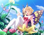  ahoge antennae arm_support blonde_hair blue_eyes blush bow bug butterfly cloud day dress fairy insect mary_janes nature one_eye_closed panties pantyshot pink_dress richu shimon shimotsuma shoes short_hair sitting sky solo thighhighs underwear white_legwear white_panties wings 
