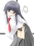 blush dress_shirt food glasses grey_panties hair_ornament hairclip leaning_forward long_sleeves mouth_hold necktie open_clothes open_skirt panties pocky read_or_die red_neckwear shirt side-tie_panties skirt solo standing striped striped_panties underwear undressing yomiko_readman 