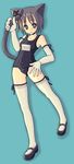  animal_ears artist_request black_school_swimsuit cat_ears copyright_request elbow_gloves gloves holding_own_tail name_tag one-piece_swimsuit school_swimsuit short_hair solo swimsuit tail tail_grab thighhighs 