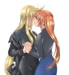  2girls blonde_hair blush brown_hair couple eyes_closed fate_testarossa hair_ornament hand_holding highres interlocked_fingers kiss long_hair lyrical_nanoha mahou_shoujo_lyrical_nanoha mahou_shoujo_lyrical_nanoha_strikers military military_uniform multiple_girls ponytail side_ponytail skirt takamachi_nanoha uniform watercolormark yuri 