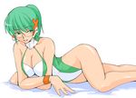  artist_request breast_squeeze breasts casual_one-piece_swimsuit cleavage glasses green_eyes green_hair highleg highleg_swimsuit homeko large_breasts lying on_side one-piece_swimsuit os-tan ponytail smile solo swimsuit wide_hips wristband xp_home-tan 
