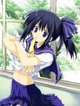  blue_hair copyright_request mitsumi_misato mouth_hold navel school_uniform shirt_lift short_hair solo undressing 