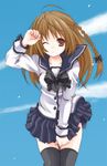  brown_eyes brown_hair kubyou_azami long_hair long_sleeves miniskirt one_eye_closed original school_uniform skirt sky solo thighhighs zettai_ryouiki 