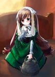  bangs brown_hair corset dress drill_hair flat_chest frills green_dress green_eyes hat heterochromia koowa lolita_fashion long_hair long_sleeves red_eyes ribbon rozen_maiden solo suiseiseki twin_drills twintails very_long_hair 