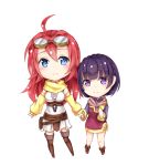  2girls ahoge blue_eyes boots breasts chibi closed_mouth couronne_(no_game_no_life) goggles goggles_on_head hand_holding ikasoke_(likerm6au) large_breasts long_hair multiple_girls no_game_no_life nonna_(no_game_no_life) purple_eyes purple_hair red_hair short_hair standing thigh_boots thighhighs 