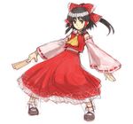  black_hair bow cravat detached_sleeves full_body hair_ribbon hair_tubes hakurei_reimu legs_apart long_sleeves ponytail ribbon shoes short_hair simple_background solo standing touhou white_background yu_65026 