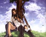  1girl against_tree albatini_de_medich ascot black_hair book brown_hair buttons closed_eyes cloud couple cross day earrings empress_christina grass green_eyes hetero jewelry kim_hyung_tae leaf legs lipstick long_sleeves makeup nature necklace official_art on_ground outdoors sandals side_slit sitting skirt sky sleeping sleeping_upright smile strap sword tree under_tree war_of_genesis war_of_genesis_iii weapon wind 