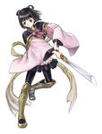  armor armored_dress black_hair blue_eyes boots bow frills full_body gensou_suikoden gensou_suikoden_v kishida_mel knee_boots long_sleeves lyon nagimaki pantyhose pink_bow ribbon short_hair simple_background skirt solo sword weapon white_background 