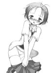  blush bomaan copyright_request dress_shirt flat_chest glasses greyscale leaning_forward midriff monochrome panties shirt short_hair skirt skirt_pull solo standing thighhighs underwear undressing 