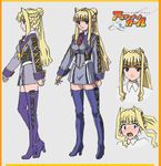  :o bed_sheet blonde_hair blue_footwear blue_legwear blush boots breasts capelet character_sheet close-up dress embarrassed green_eyes hair_bun high_heels large_breasts long_hair long_sleeves lowres morioka_hideyuki multiple_views necktie official_art ootori_vivienne ponytail profile ribbon school_uniform shoes short_dress smile standing surprised thigh_boots thighhighs turnaround ultimate_girl zettai_ryouiki 