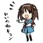  armband bangs blue_sailor_collar blue_skirt brown_hair chibi hand_on_hip kita_high_school_uniform long_sleeves lowres masakazu_(yukisetsu) no_nose open_mouth outstretched_arm sailor_collar school_uniform serafuku short_hair simple_background skirt solo suzumiya_haruhi suzumiya_haruhi_no_yuuutsu translation_request 