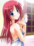  alcohol blue_eyes blush bottle da_capo da_capo_i long_hair looking_back milk_bottle otoki_raku red_hair sake shirakawa_kotori smile solo towel 