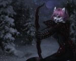  2019 5_fingers anthro arrow black_nose bow brown_eyes darzycat digital_media_(artwork) felid feline hair holding_object holding_weapon mammal night pink_hair raventenebris snow snowing standing the_elder_scrolls video_games weapon 