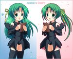  angel_mort blue_background character_name gradient gradient_background green_hair half_updo higurashi_no_naku_koro_ni multiple_girls pink_background siblings sisters sonozaki_mion sonozaki_shion thighhighs twins waitress white_background yukka_(yucca_u) 