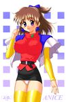  2002 anice_farm breasts character_name chouon_senshi_borgman covered_nipples half_updo jo_area large_breasts panties pantyshot pantyshot_(standing) solo standing thighhighs underwear white_panties yellow_legwear 