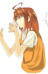  ahoge brown_hair cup kabocha_(monkey4) my-hime orange_shirt shirt sketch solo tokiha_mai 