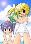  artist_request beach blonde_hair blue_eyes copyright_request day multiple_girls object_on_head one-piece_swimsuit outdoors school_swimsuit swimsuit watermark white_school_swimsuit white_swimsuit 