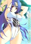  armpits arms_up blue_hair bracelet breasts highleg highleg_swimsuit hits iizuki_tasuku jewelry kos-mos large_breasts long_hair one-piece_swimsuit purple_hair red_eyes solo swimsuit volleyball xenosaga xenosaga_episode_i zipper 