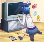  artist_request blue_hair cable game_console kurogane_otome long_sleeves lowres object_on_head parody pencil_skirt playing_games playstation_2 product_placement rca_connector short_hair skirt socks solo technical_difficulties television translated tsuyokiss video_game 