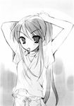  alternate_hairstyle arms_up bangs eyebrows_visible_through_hair greyscale gym_uniform hair_tie hairdressing highres itou_noiji long_hair monochrome mouth_hold navel novel_illustration official_art ponytail short_sleeves solo suzumiya_haruhi suzumiya_haruhi_no_shoushitsu suzumiya_haruhi_no_yuuutsu tying_hair 
