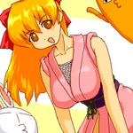  artist_request azumanga_daiou bangs breasts brown_eyes bunny cat chiyo_chichi cosplay fishnets from_below hanging_breasts japanese_clothes kimono large_breasts looking_down lowres mesousa ninin_ga_shinobuden obi open_mouth pani_poni_dash! red_hair sash shinobu shinobu_(cosplay) shiratori_suzune short_kimono 